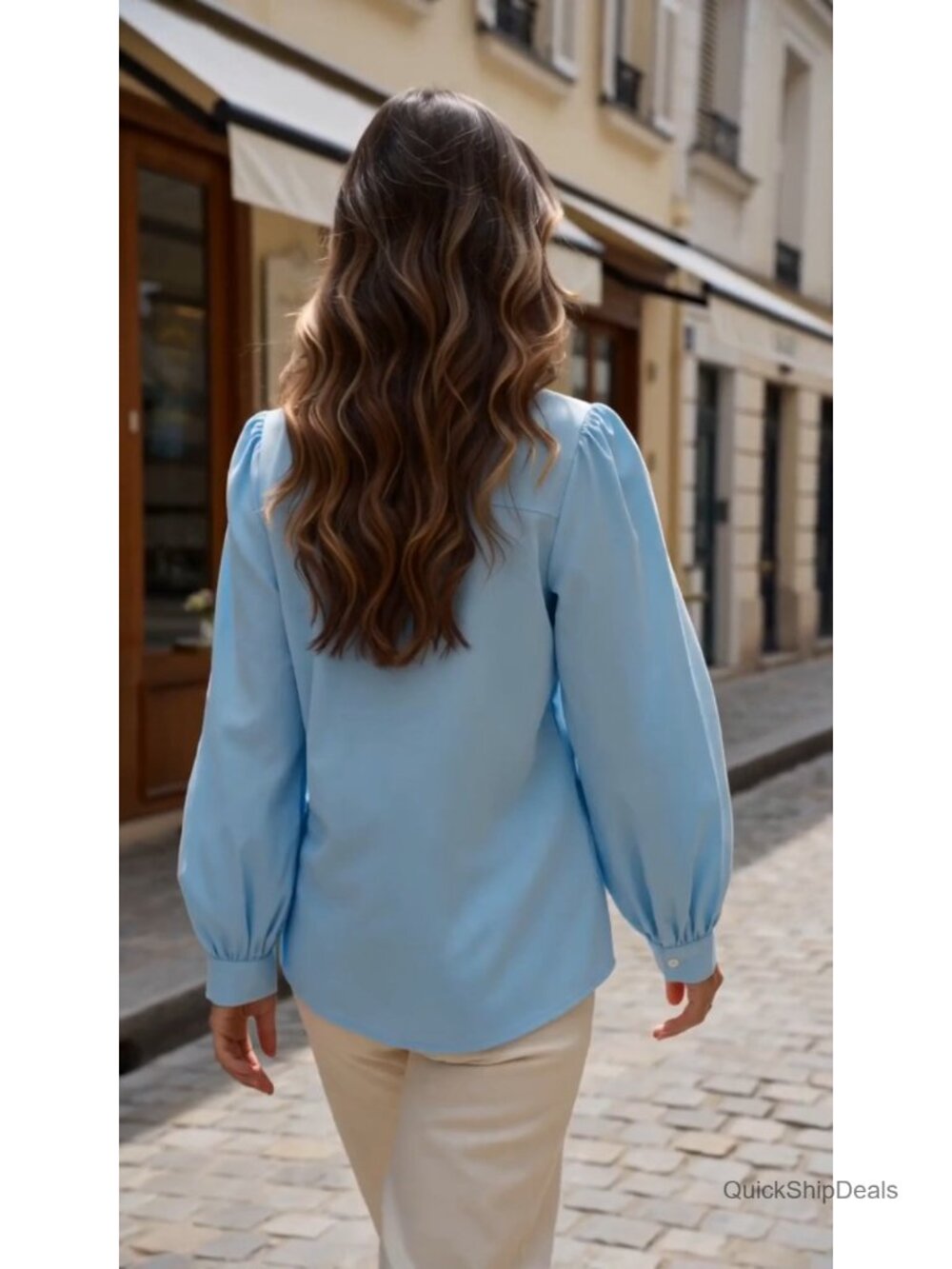 Women's Casual Long Sleeve Button Down Shirt with Ruffle Front Placket - Picture 5 of 5